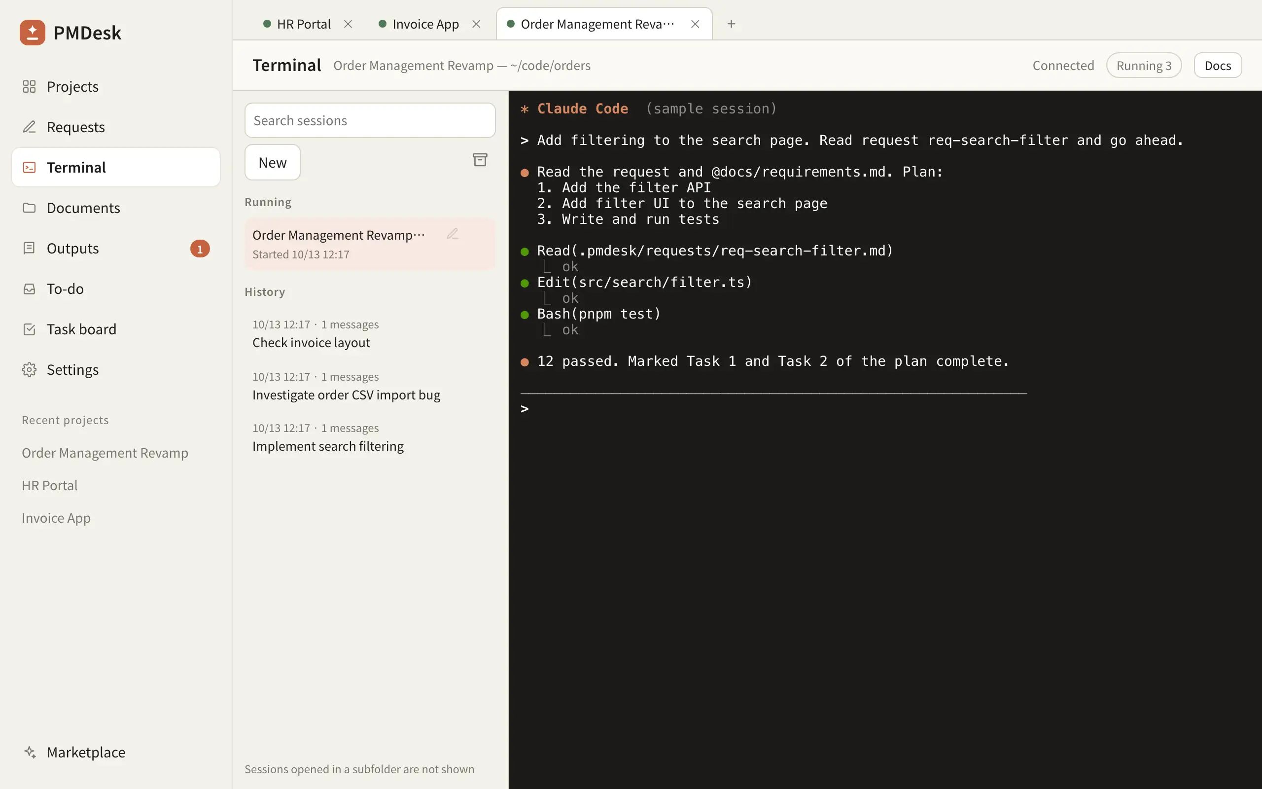 PMDesk Terminal page: a Claude Code session in a project tab, with other sessions listed as running
