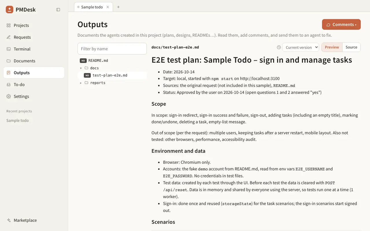 The E2E test plan page: scope, environment and data, accounts read from environment variables, and the list of scenarios with approval status.