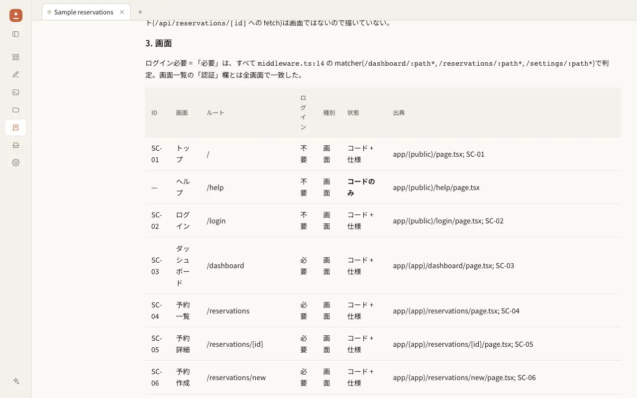 Section 3 table: screen ID, name, route, login required or not, kind, status such as code plus spec or code only, and the source file for each screen.