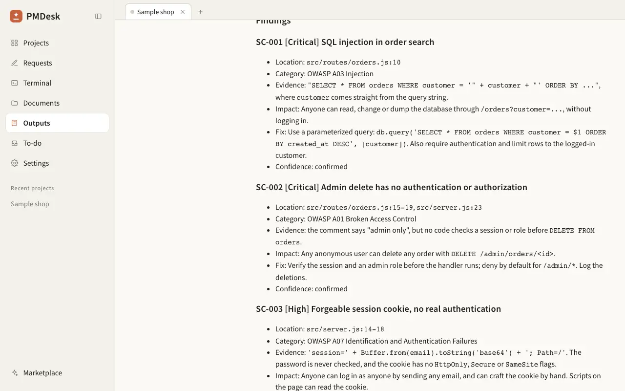 Report findings SC-001 to SC-003 with location such as src/routes/orders.js:10, OWASP category, evidence, impact, fix and confidence.