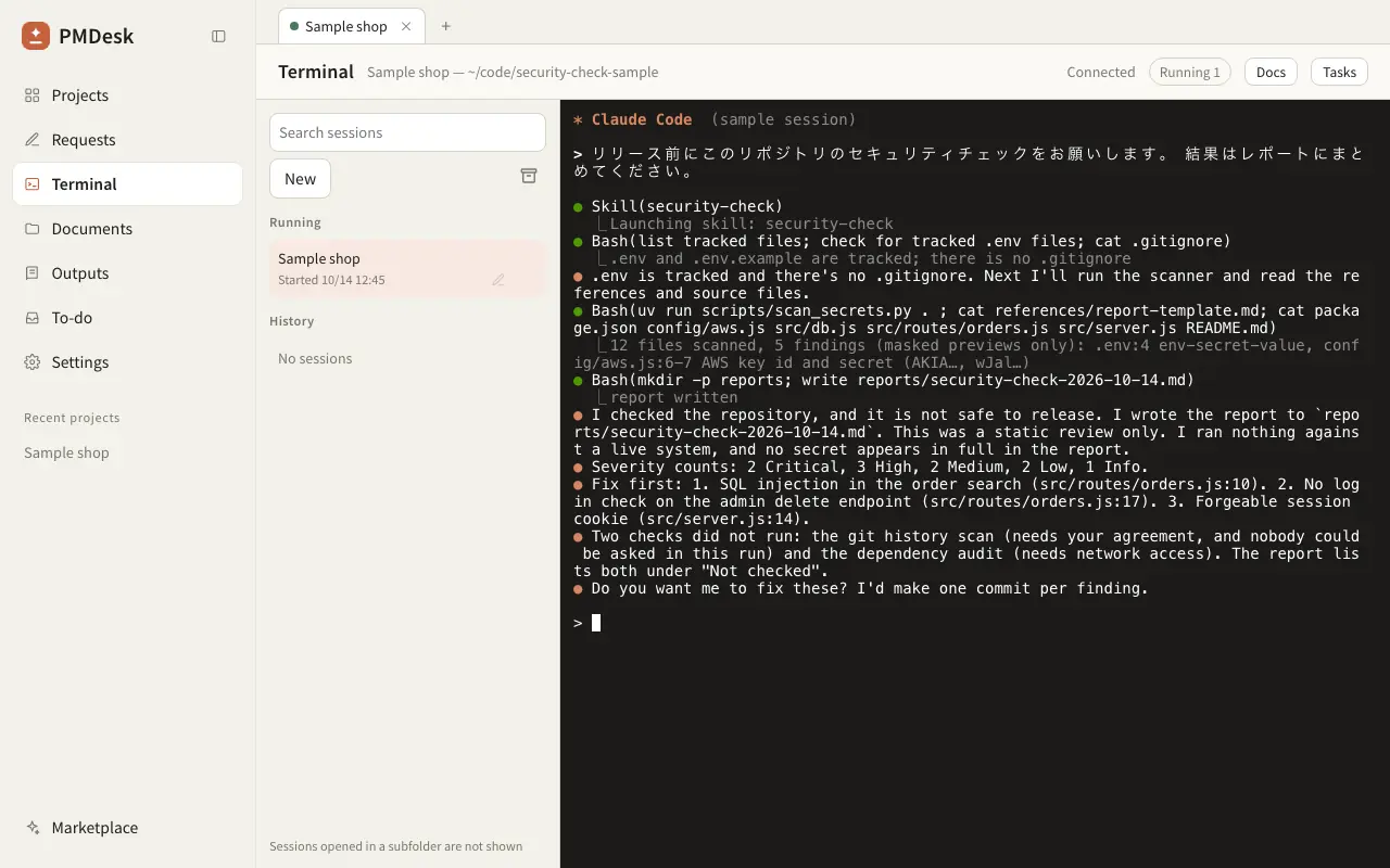 Terminal view: key and password hits are shown masked (AKIA…, wJal…), followed by severity counts, the three fixes to do first and the checks that did not run.