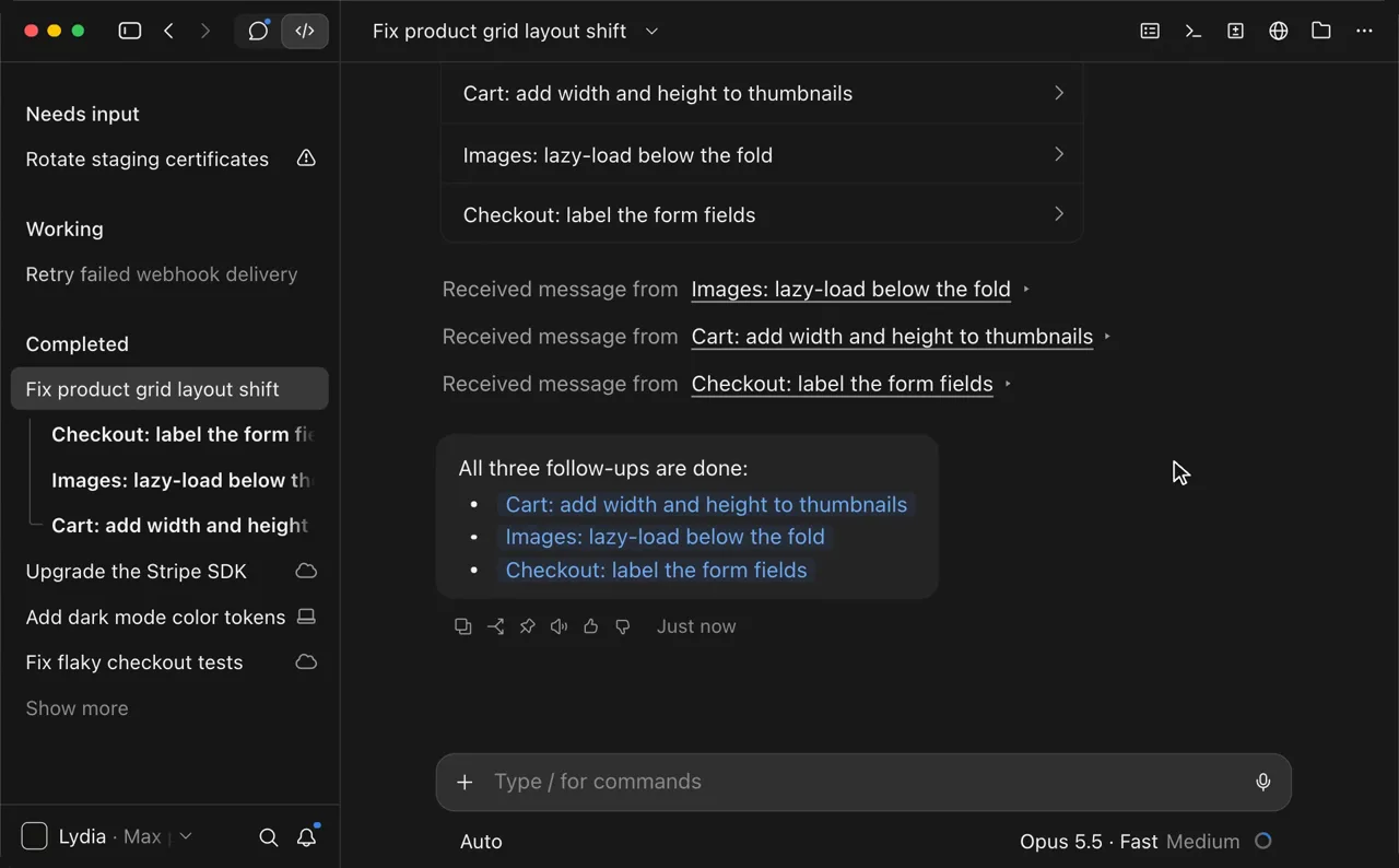 Claude Code デスクトップ:完了したセッションの下にサイドバーで3つのネストセッションが並び、その結果がメインの会話に報告されている様子