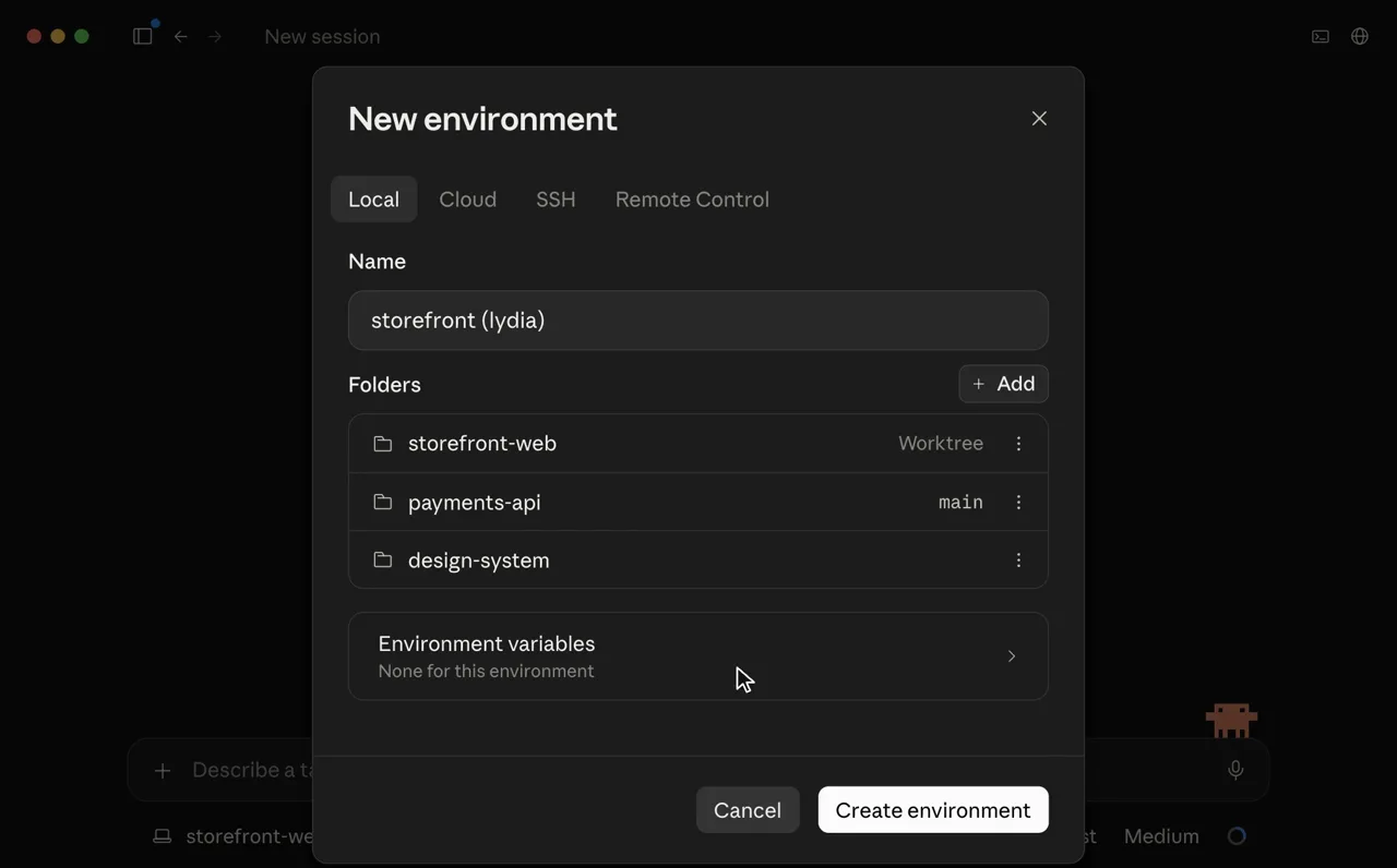 Claude Code desktop New environment dialog with Local, Cloud, SSH and Remote Control tabs, three folders added and a worktree option
